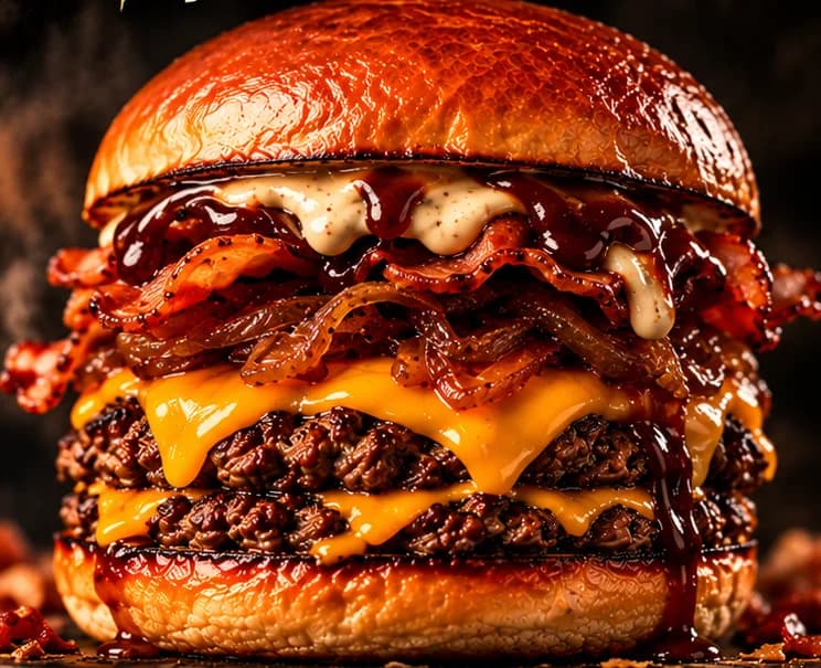 Brutal: Queijo prato, bacon, cebola caramelizada, onion ring e Barbecue do Clã.