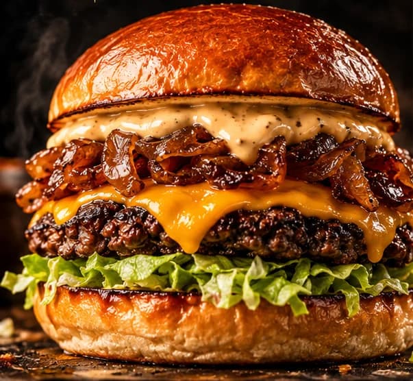 Implacável: Cebola caramelizada, alface americana e Molho Selvagem sobre dois smash de fraldinha.