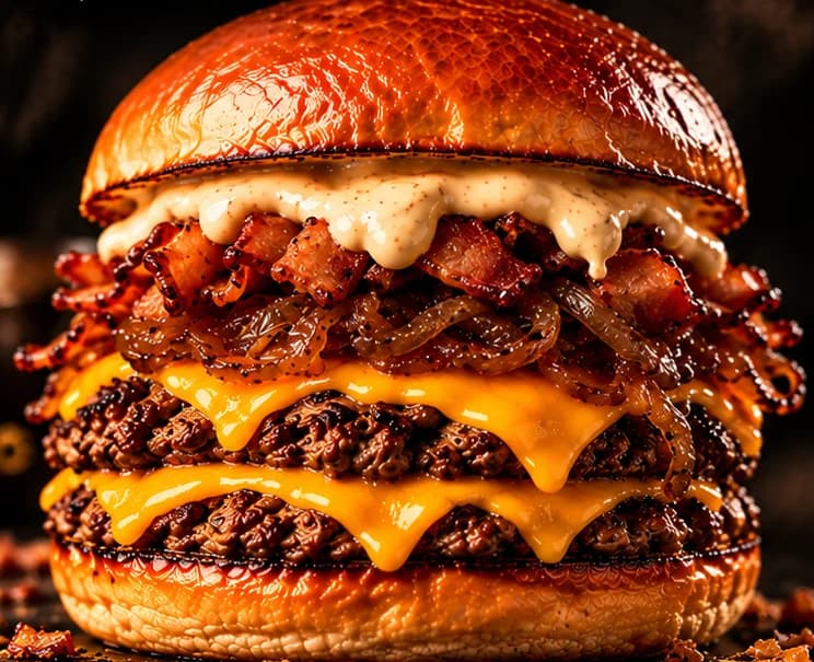 Patriarca: Dois smash de fraldinha, cheddar, bacon em cubos e cebola caramelizada.